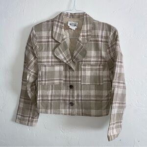 Vintage Natural Fibers Cropped Plaid Front Pocket Blazer Neutral Cotton Linen